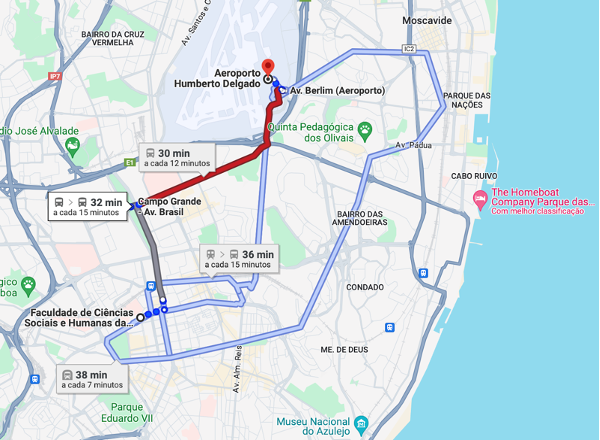 color image with cartographic drawing of the transportation route from Lisbon Airport to NOVA FCSH campus