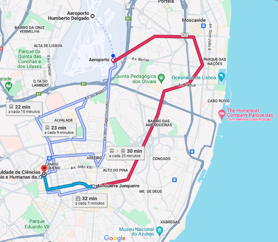 color image with cartographic drawing of the transportation route from Lisbon Airport to NOVA FCSH campus