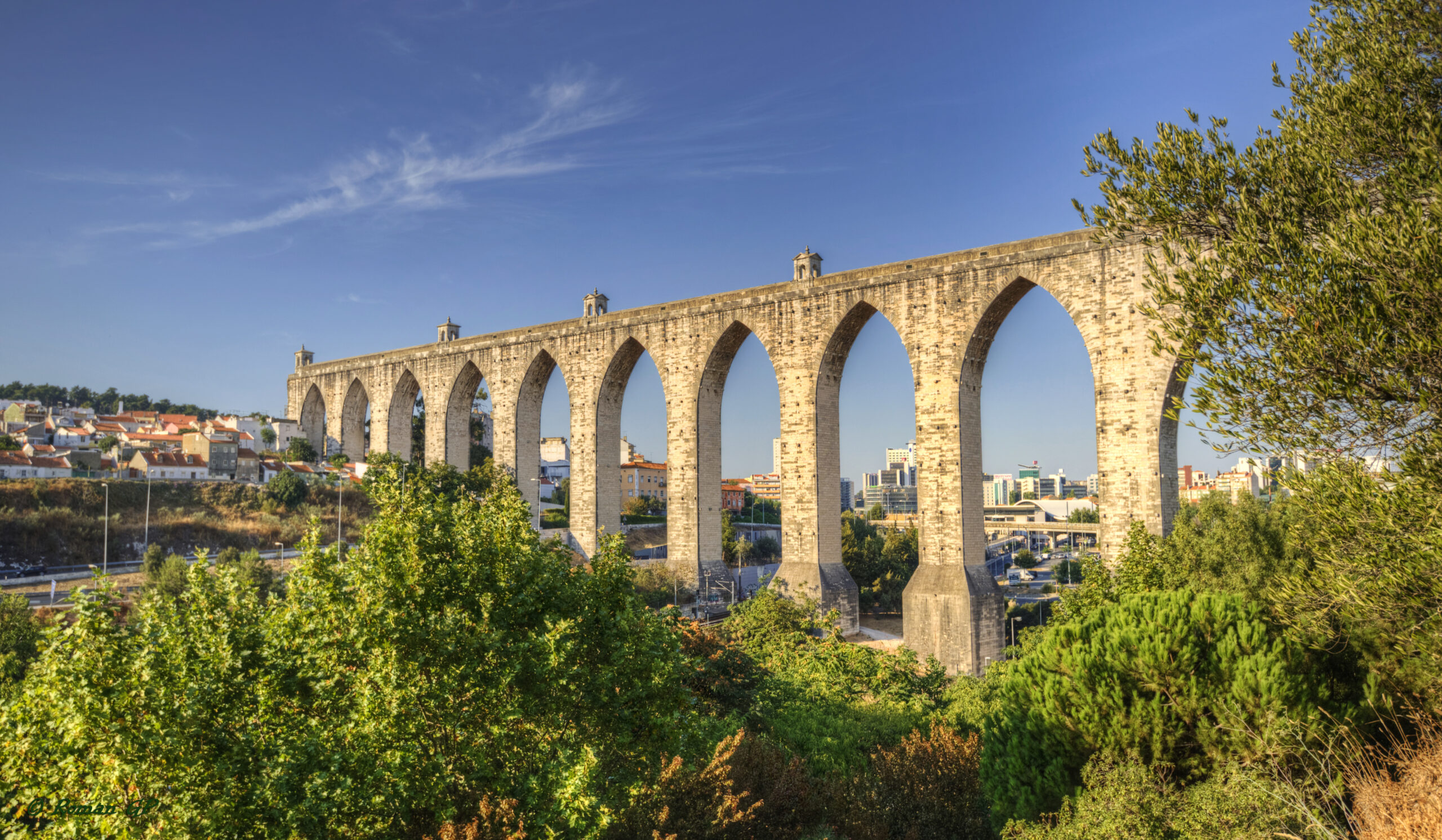 color image with photo of Águas Livres Aqueduct, Lisbon, Portugal