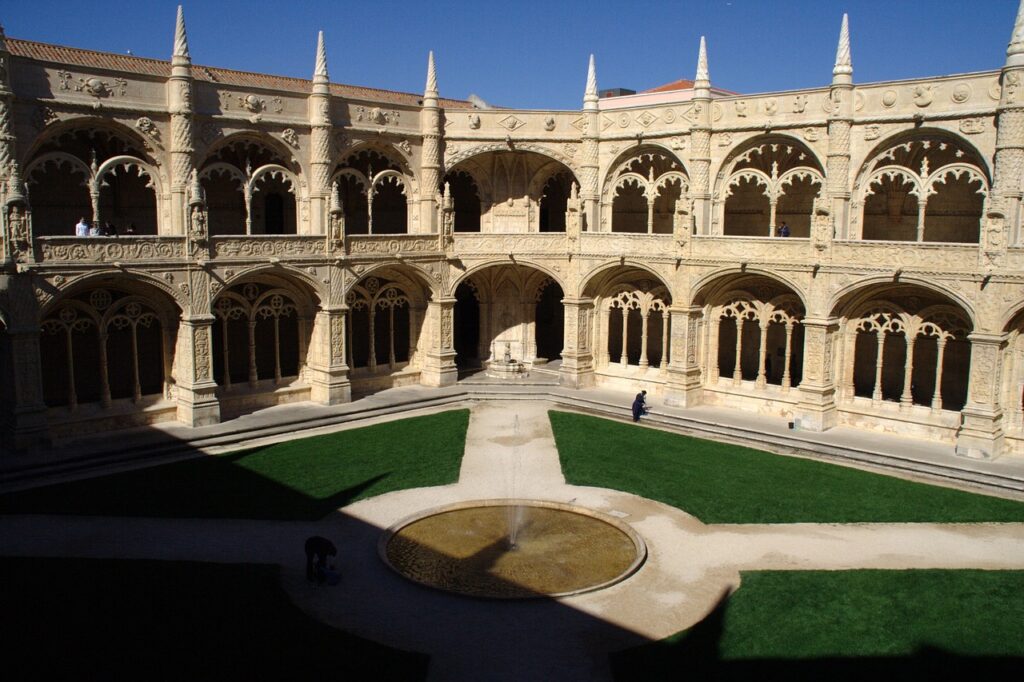 color image with photo of Jerónimos Monastery cloister, Lisbon, Portugal