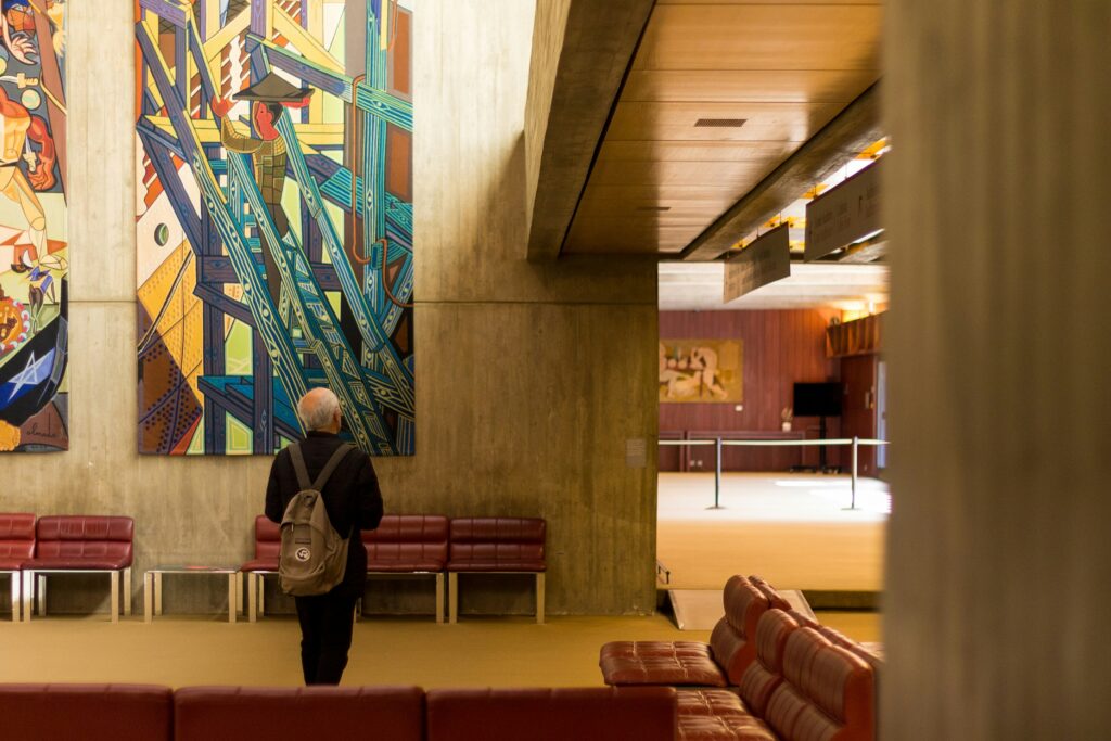 color image with photo of Calouste Gulbenkian Foundation entrance hall, Lisbon, Portugal