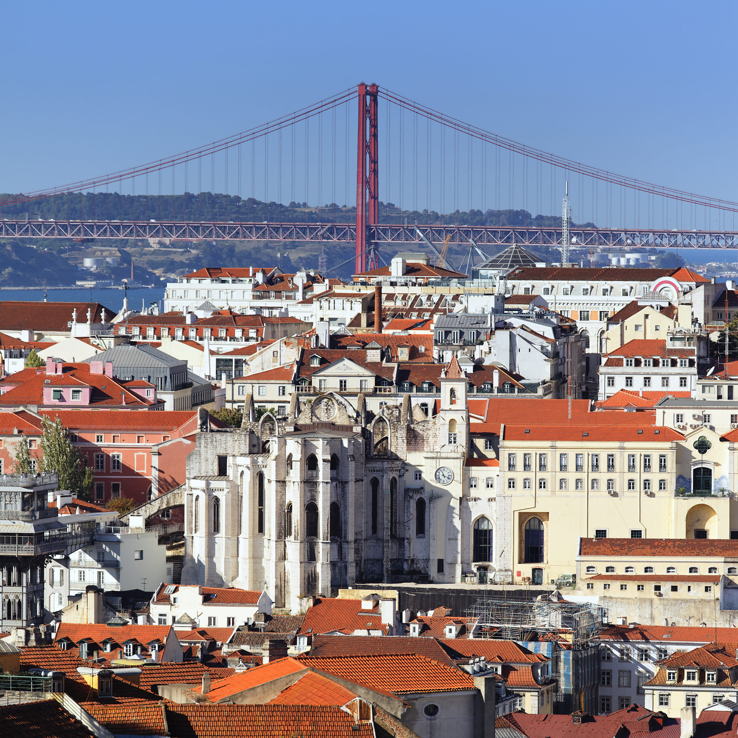 color image with photo of the April 25 Bridge, the river Tagus and historic buildings landscape, Lisbon, Portugal